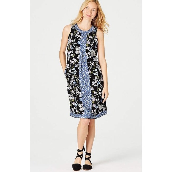 J. Jill Dresses & Skirts - J Jill Dress Sz Small Petite Black Blue Floral Sleeveless Shift Heirloom Daisies